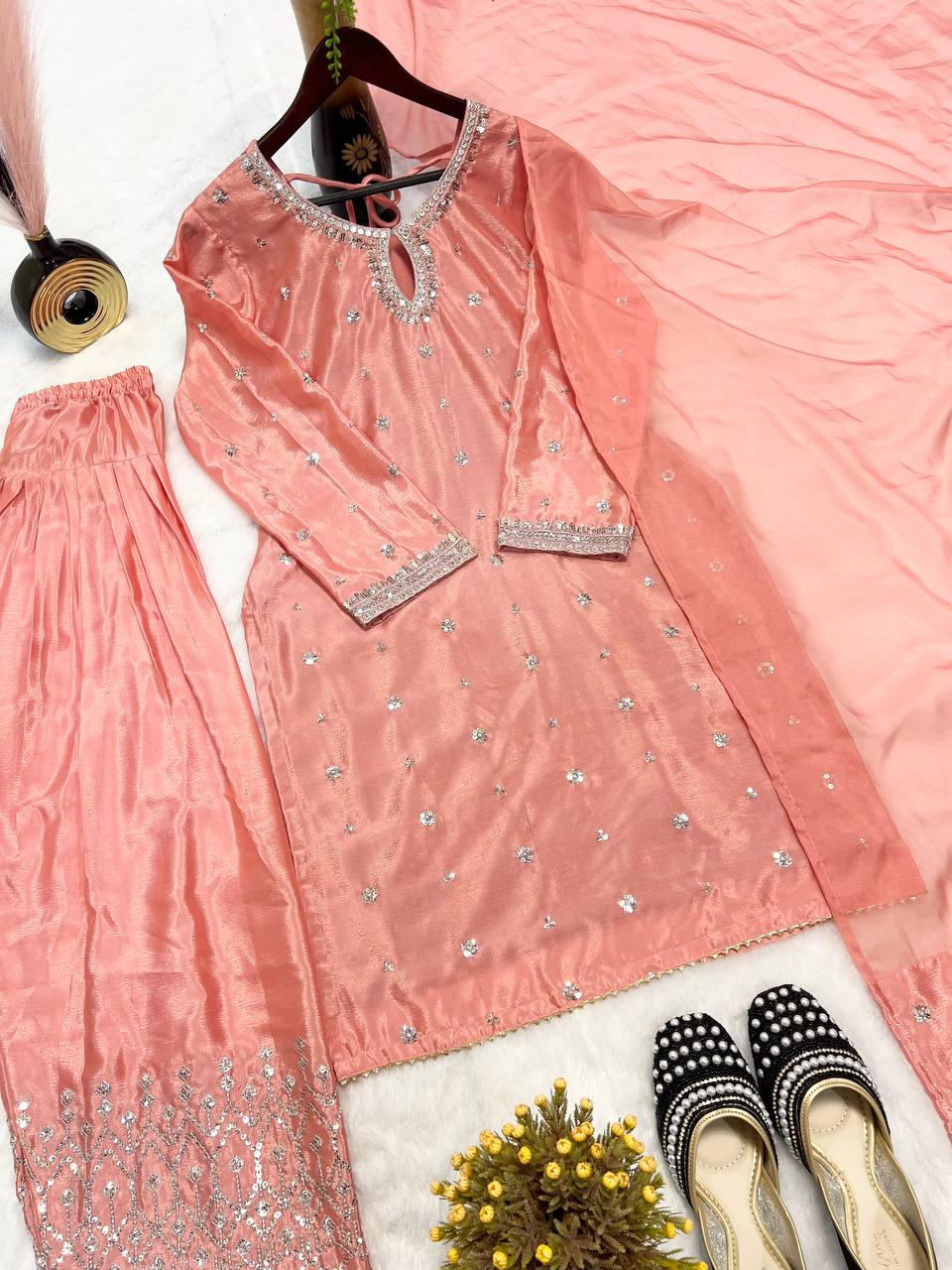 Modern Coral Silver-Trimmed Couture